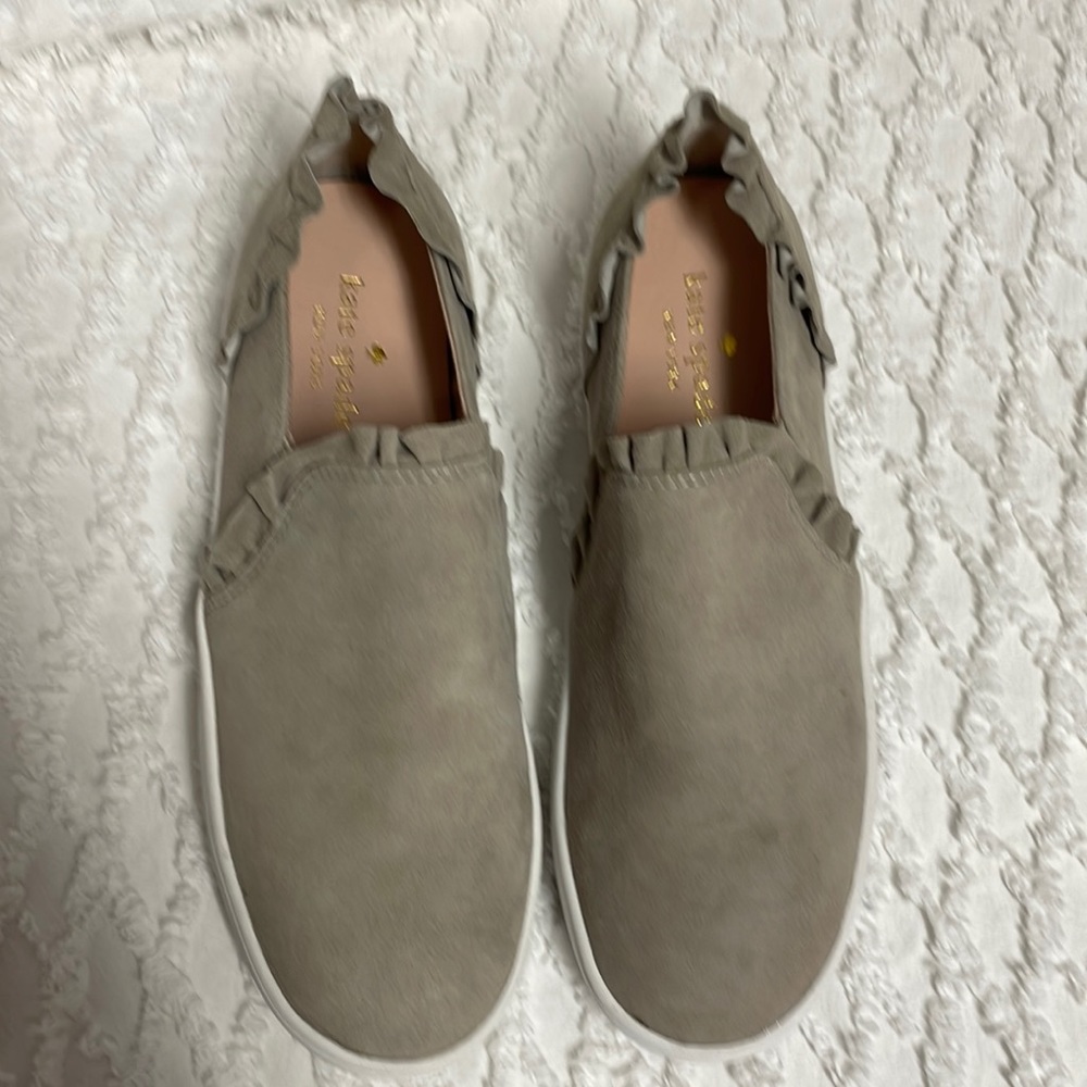 Kate Spade Lilly Gray Suede Leather Ruffle Trim Slip On Sneakers